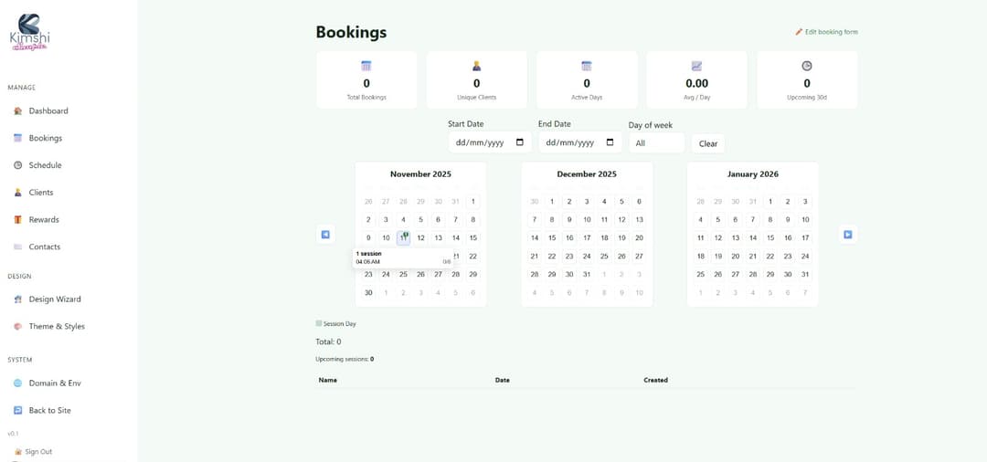 Booking calendar screenshot